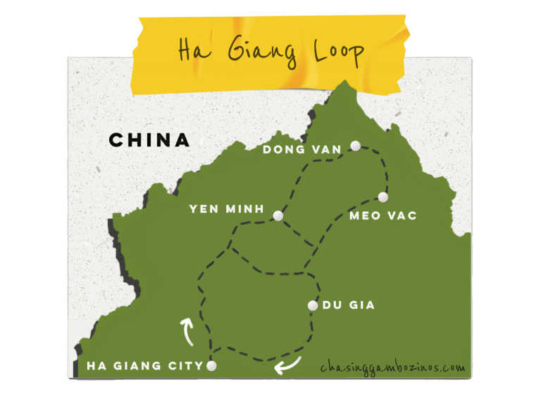 Ha Giang Loop map, with route and main overnight stops drawn.