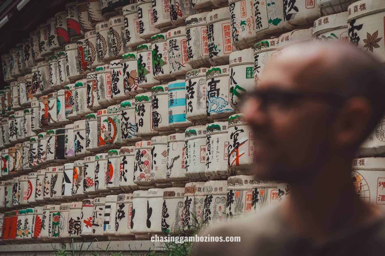 Famous wall of sake barrels in Meiji Temple Tokyo.