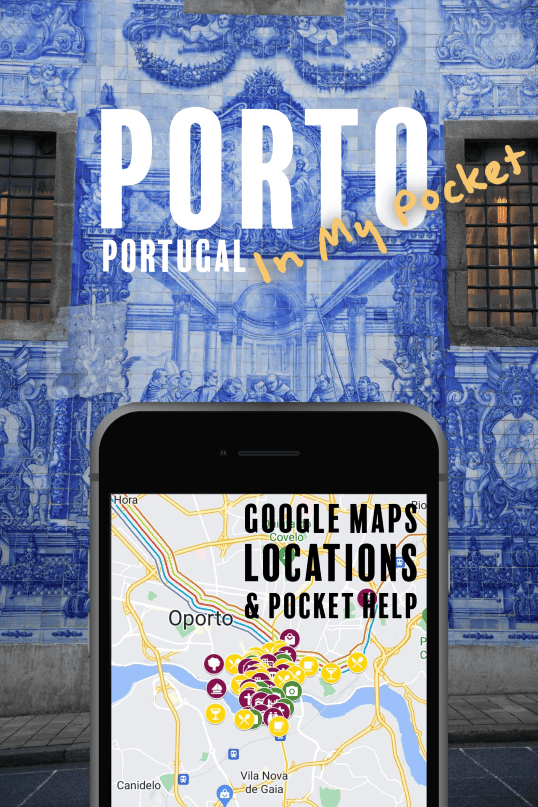 Pins num Google Maps do Porto, no ecrã de um telemóvel, com uma cena de Portugal em fundo.