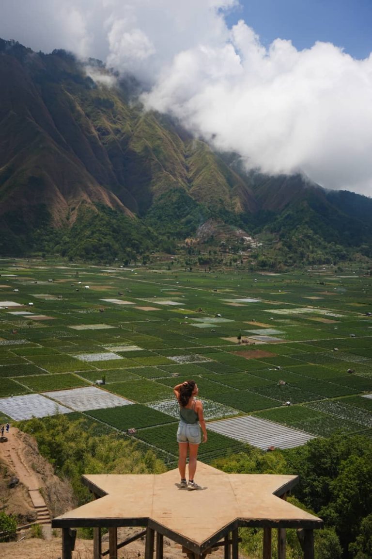 Mulher a admirar os campos a partir do miradouro de Bukit Selong em Sembalun, durante o seu itinerário em Lombok.
