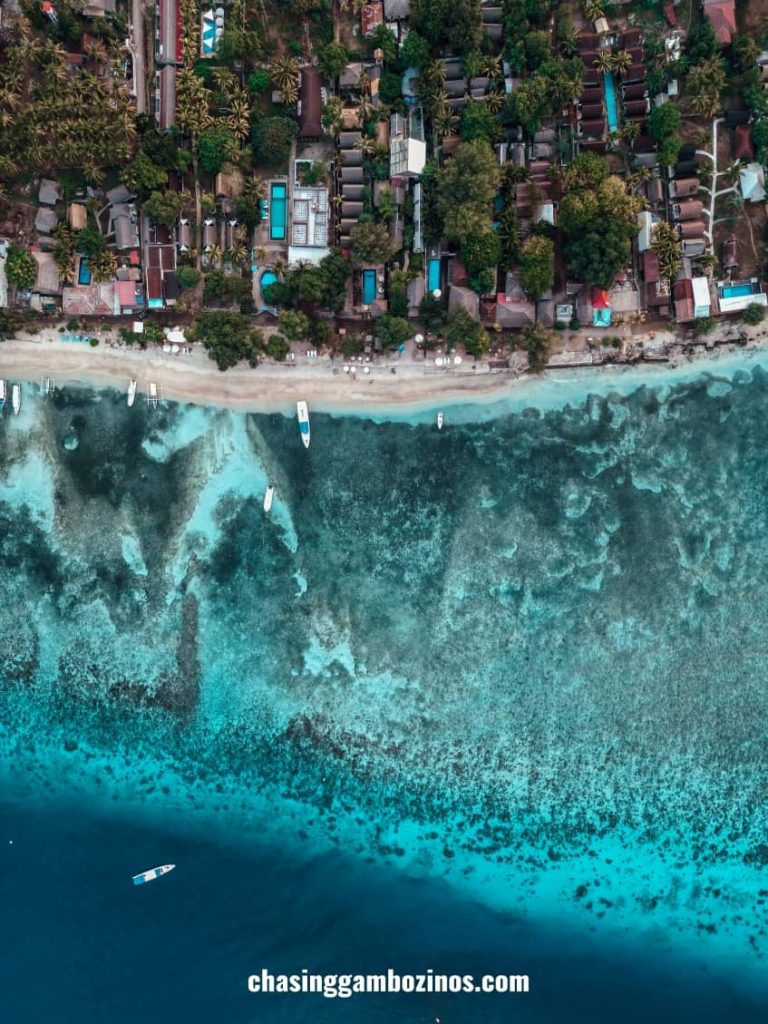 Aerial view of Gili Air, one of the famous Gili Islands in Indonesia.