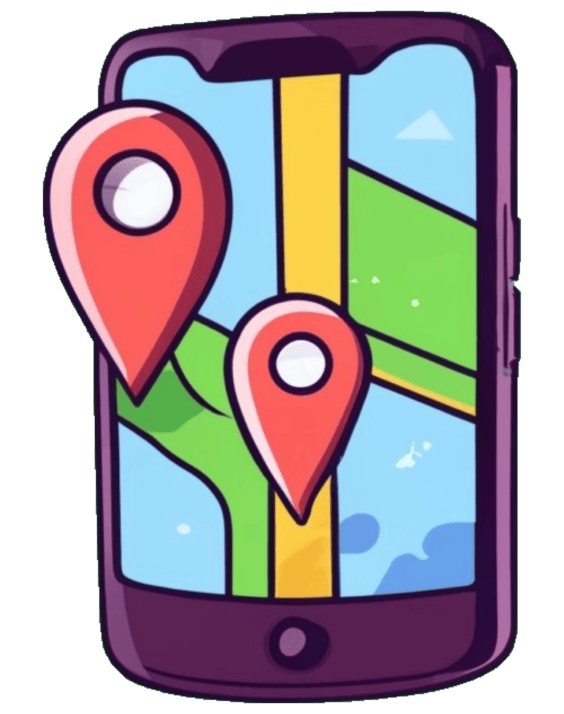 Mobile phone illustration with Google Maps location pins in it.