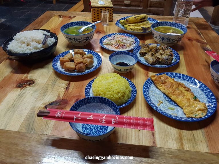 Table full of traditional Vietnamese food, served at a Ha Giang homestay.