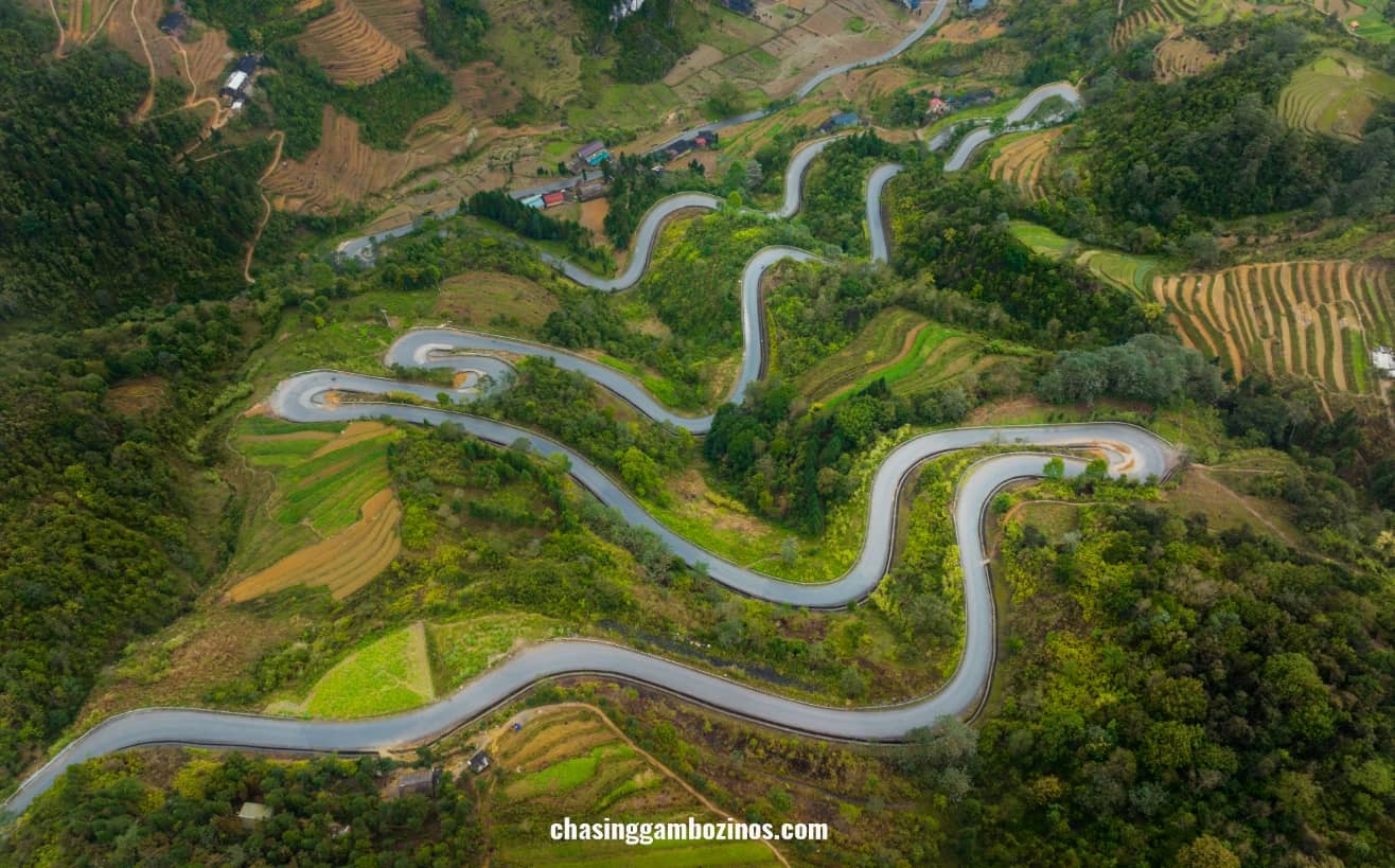 Aerial view of the Ha Giang Loop roads zig zagging around the mountains.