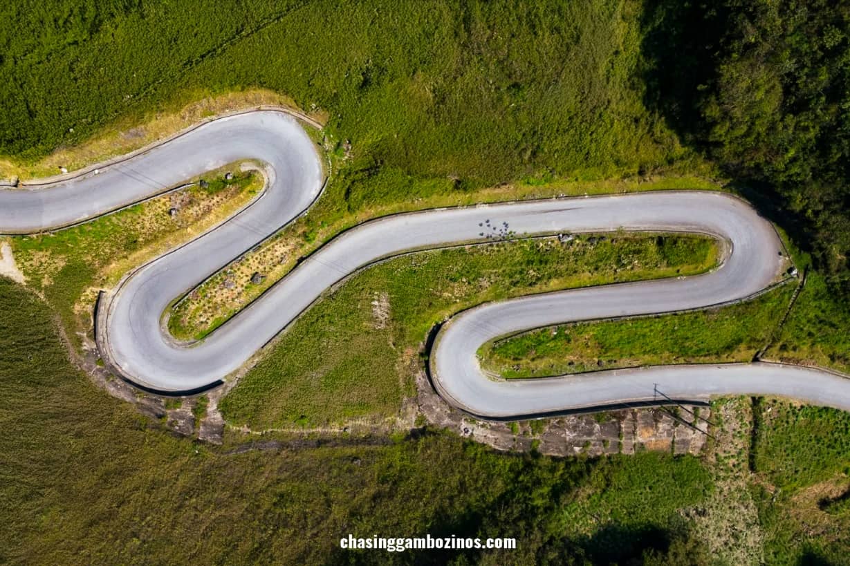 Part of the Ha Giang route seen from above, a road with one curve after another.