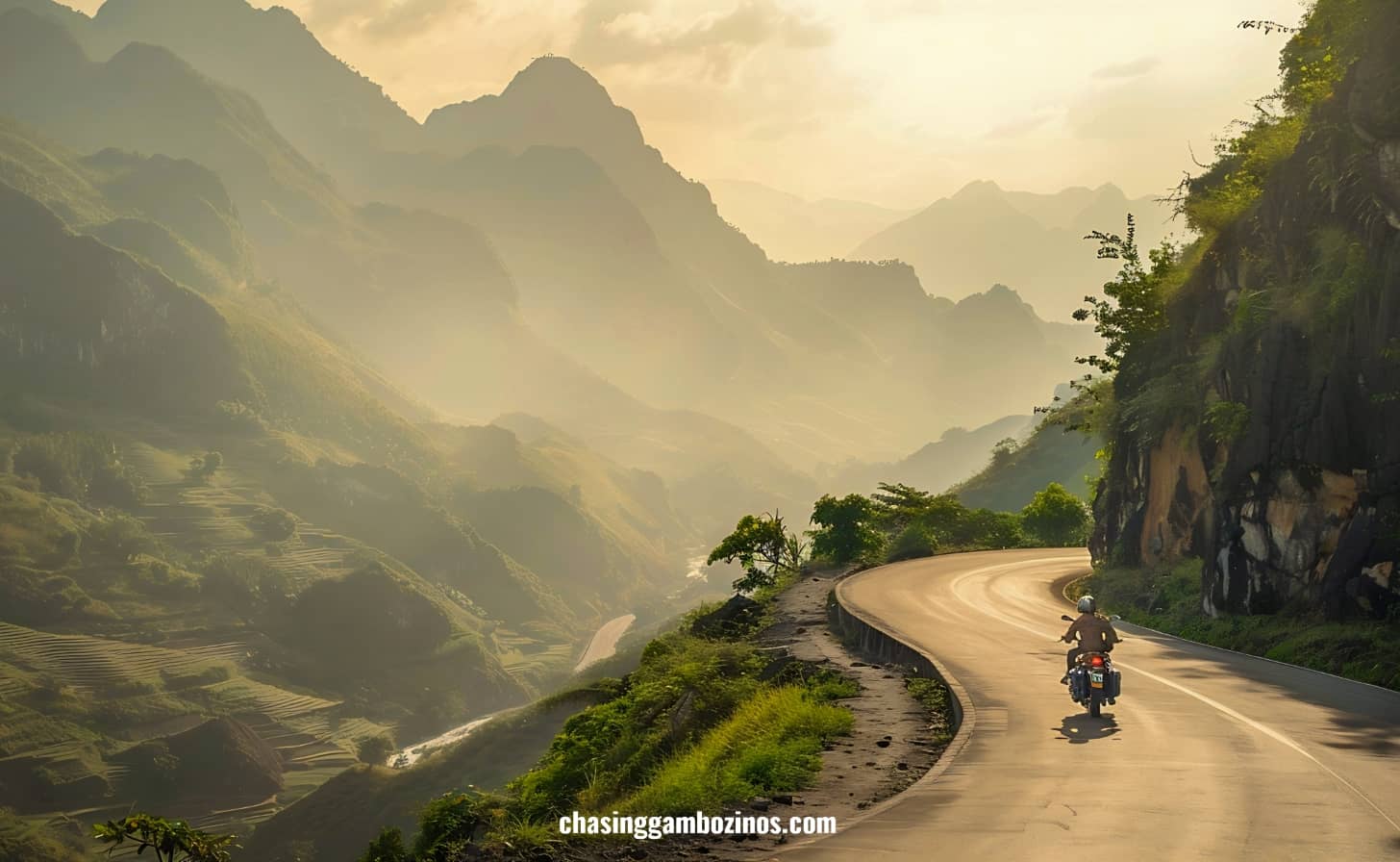 Ha Giang loop easy rider driving at sunset.