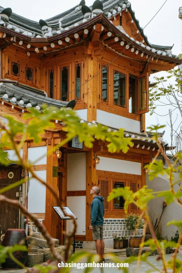 man in front of traditional hanok house in Seoul.