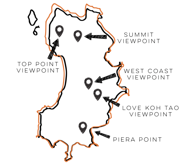 Koh Tao viewpoints map, with best spots pinned for reference.