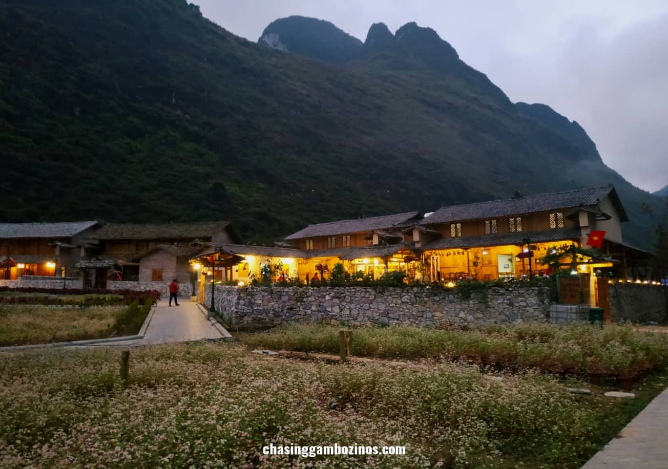 Homestays in Pavi Hmong Village at sundown, a place of rest for many Ha Giang loop tours.