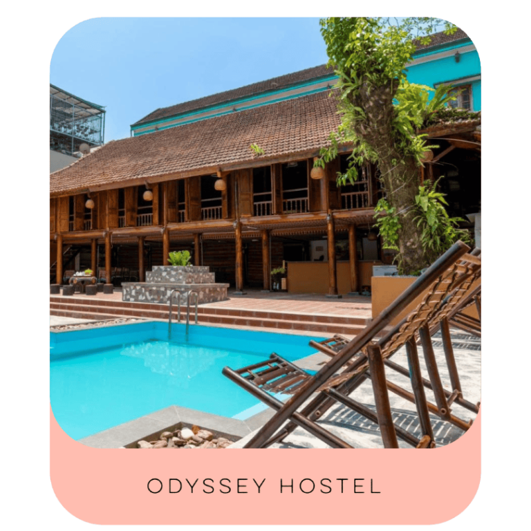 Pool area of Odyssey Hostel, the best hostel in Ha Giang city.