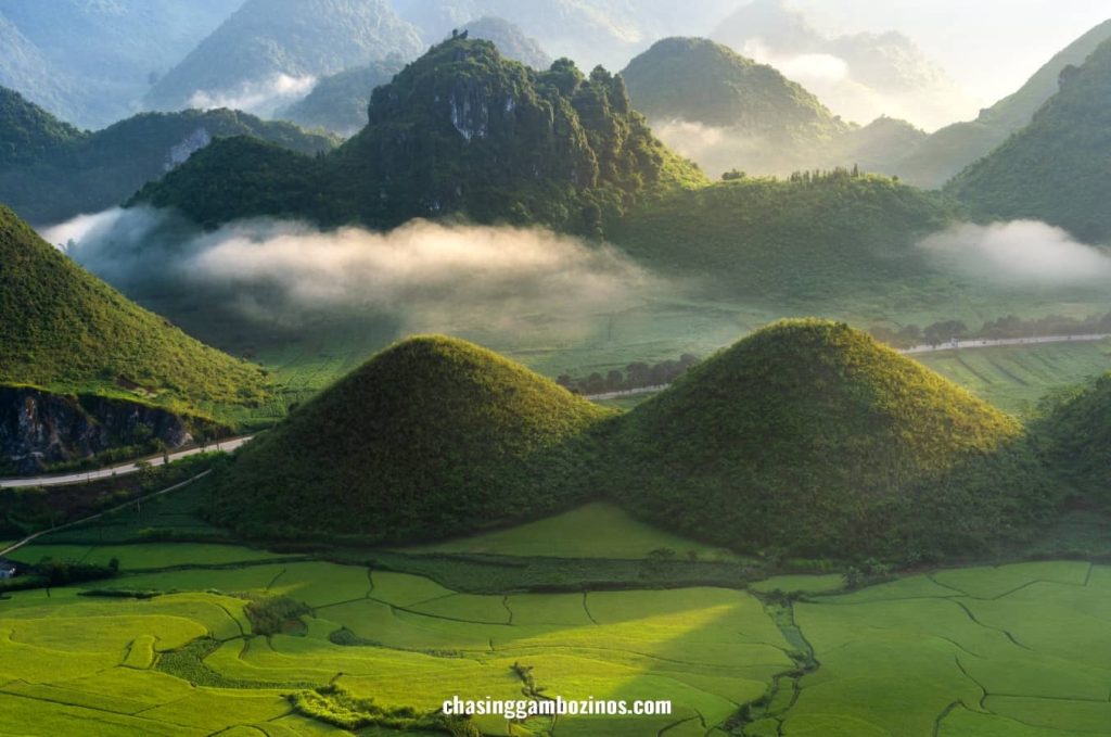 Aerial view of the twin mountains, Nui Doi, a mandatory stop in all Ha Giang loop tours.